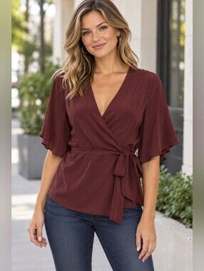 Revolve Chaser 100% Silk Burgundy Flounce Sleeve Wrap Top Size Medium